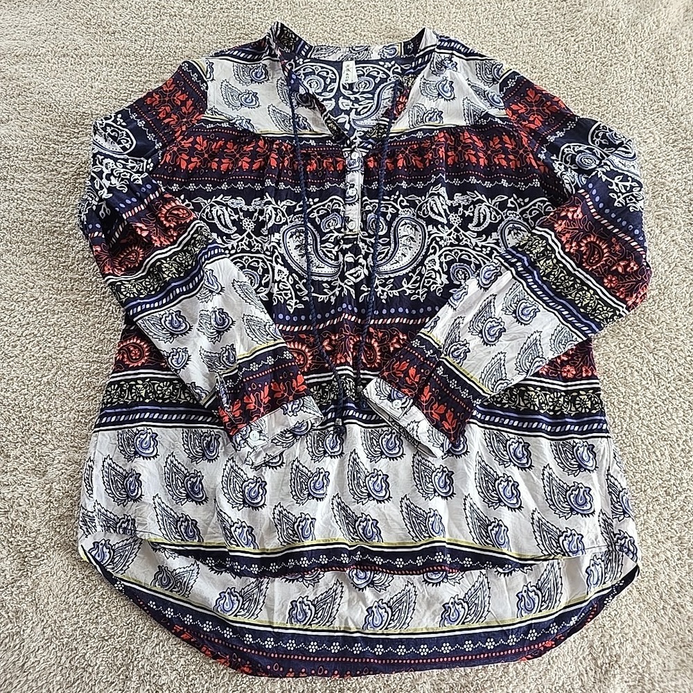 Roper Women's Long Sleeve V-neck 1/2 Button-Up Tassel Paisley Boho Peasant Top L - Picture 1 of 16